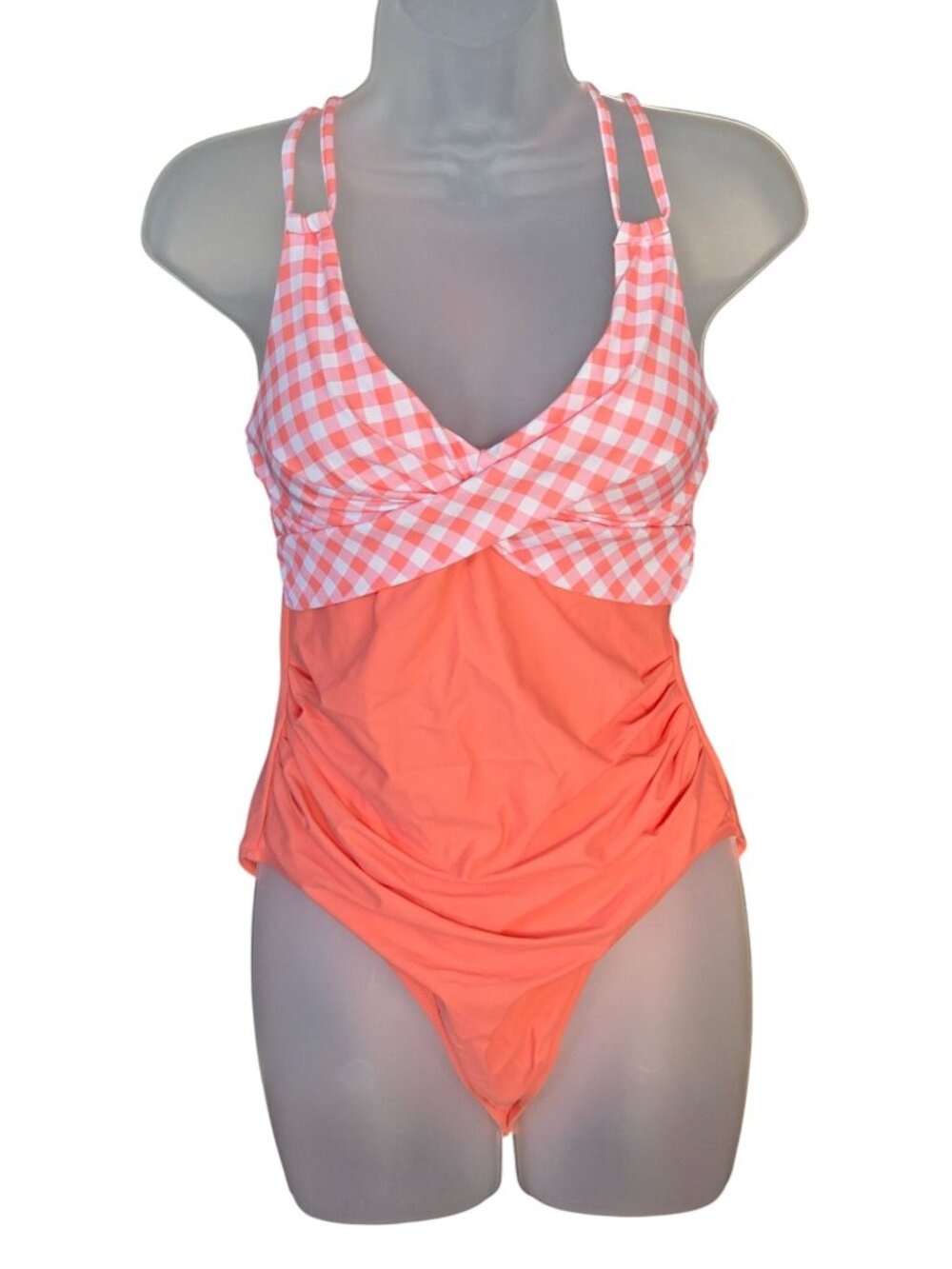 Gingham One-Piece Swimsuit M Orange White V Neck Adjustable Straps Lined